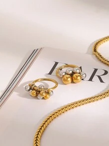 Uworld 1 pieza de un anillo de acero inoxidable con baño de oro de 18K de diseño a juego en color dorado y plateado, con esfera metálica de moda y personalizado, adecuado para fiestas, vacaciones, festivales, ir al trabajo, etc. - diseño de bola de metal - Ver 4