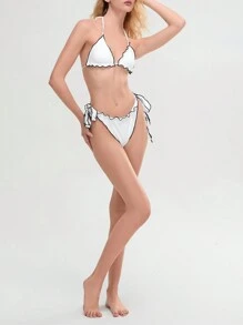 Women's 2 Piece Swimsuits Contrast Stitch/Plaid Print Bikini Set Summer High Cut Two Piece Bathing Suits - White - View 3