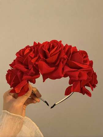 1pc French Vintage Red Rose Flower Headband Bohemian Seaside Photo Headdress Simulate Elegant Fashion Hair Accessories