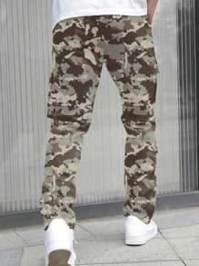 Men's Solid Color Front Lace-Up Pocket Casual Straight Leg Cargo Pants - Grey - View 2