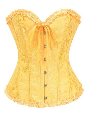 Women's Jacquard Backless Tie Camisole Lace Trim Shapewear Corset Top, Suitable For New Year Party, Valentine's Day, Holiday, Graduation, Halloween Costume, Yellow