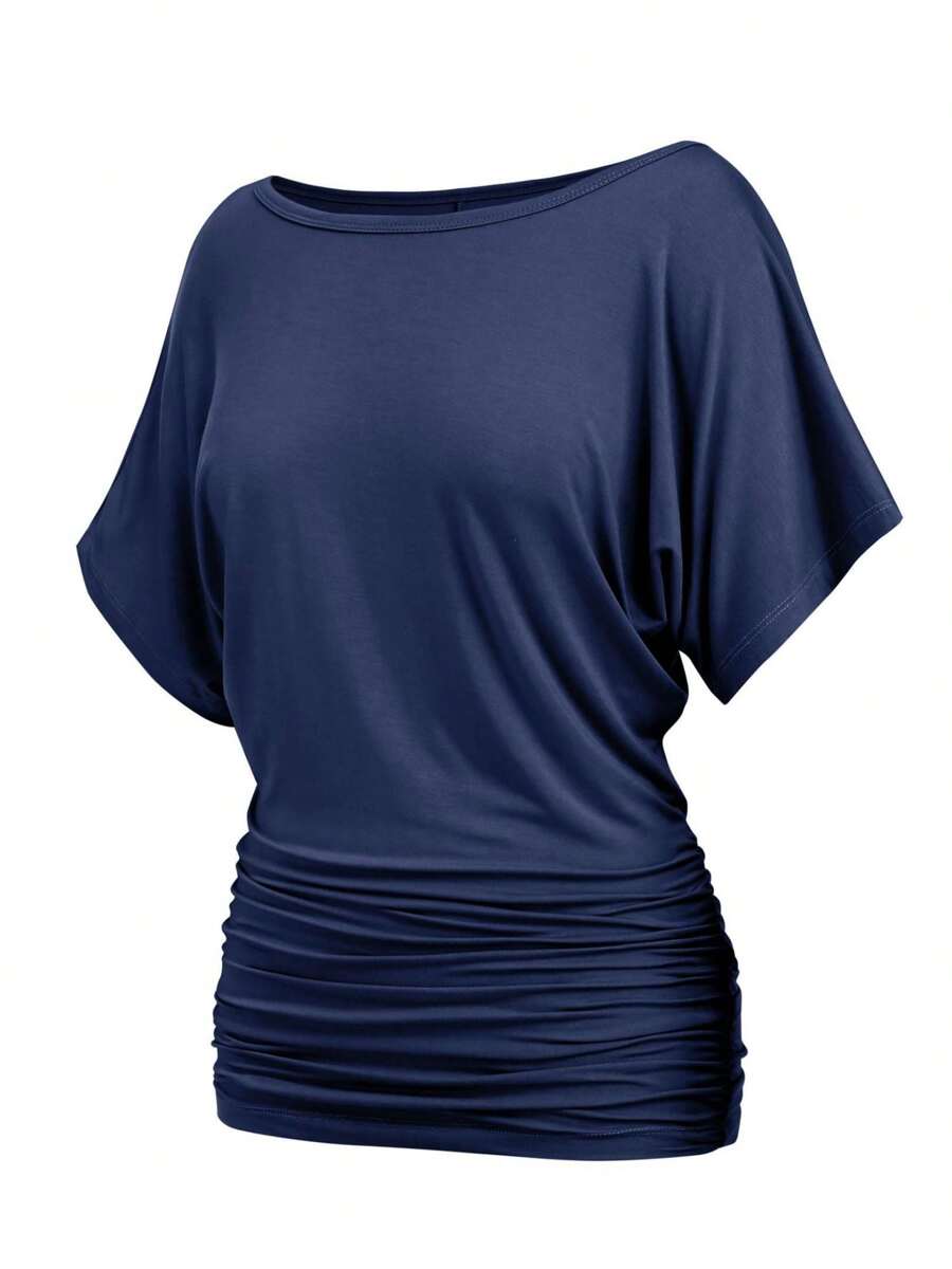 HIGHFINE Women's Classic Short-Sleeved Boat-Necked Side-Pleated Dolman Shawl Top - 藏蓝色 - 查看 1