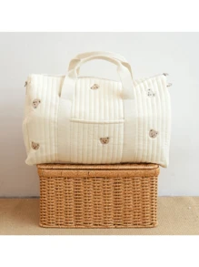 2023新款大尺寸小熊圖案紙尿片袋,適合輕便打包的時尚媽咪包,可攜帶肩膀進行室外旅行,適用於日常使用 - 米色 - 查看 1