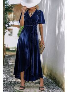 Women's Velvet V Neck Wrap Semi Formal Dress Cocktail Party Maxi Dress For Wedding Guest - Màu xanh hải quân - Xem 3