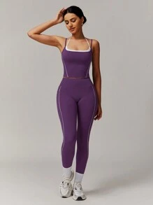 MASKERT 春夏女套装运动套装瑜伽套装背心裤套装健身服运动套装网球服锻炼居家休闲舒适亲肤 - 紫色 - 查看 4