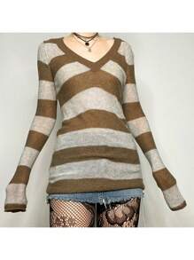 Women Y2k Fairy Grunge Striped Knitted Sweater Dress Gothic Long Sleeve V Neck Knit Striped Knitwear Tops Mini Dress Slim Fit Vintage Aesthetic Clothes E-Girl Streetwear - 棕色 - 查看 2