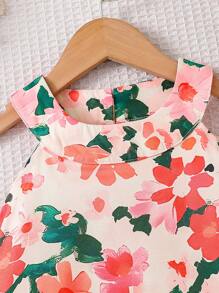 年轻女孩碎花无袖休闲连衣裙，户外中长款宽松优雅假日鱼尾下摆挂脖连衣裙 - 紅色 - 查看 3