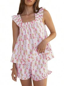 Women Floral Print Summer Set Square Neck Flutter Sleeve Loose Tank Tops Ruffled Shorts 2-Piece Outfits - Pink - View 4