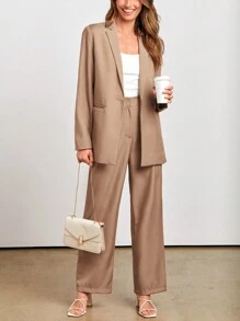 Women's Spring Two-Piece Work Suit Casual Loose Long Suit Jacket And Formal Wide Leg Pant Suit With Pockets - 卡其色 - 查看 3