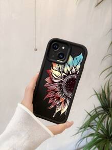 1pc Fashionable Colorful Semi-Flower Anti-Fingerprint Black Non-Slip Sandstone Phone Case, Compatible With Apple//Redmi/OPPO/Realme/Infinix