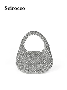 New Autumn/Winter Luxury Handmade Beaded Mini Clutch Purse, Sparkling Handbag For Party ,Wedding - Silver - View 11