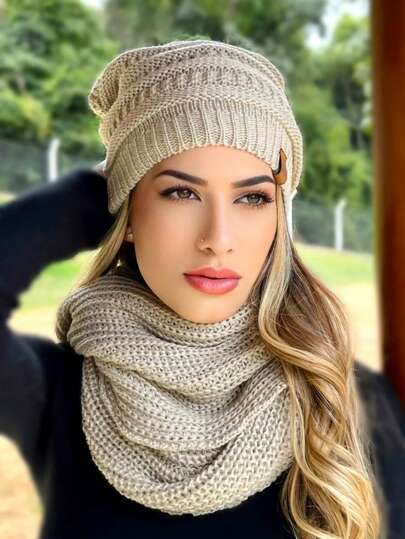 Conjunto Tricot  Gorro Cachecol Infinito Macio Lã Tendencia Inverno Moda