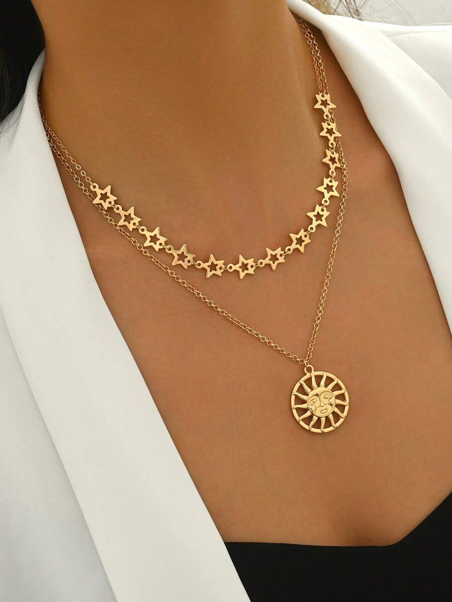 1 件时尚双层流苏、星星和太阳吊坠项链，适合女士，斋月风格 - 金黃色 - 查看 1