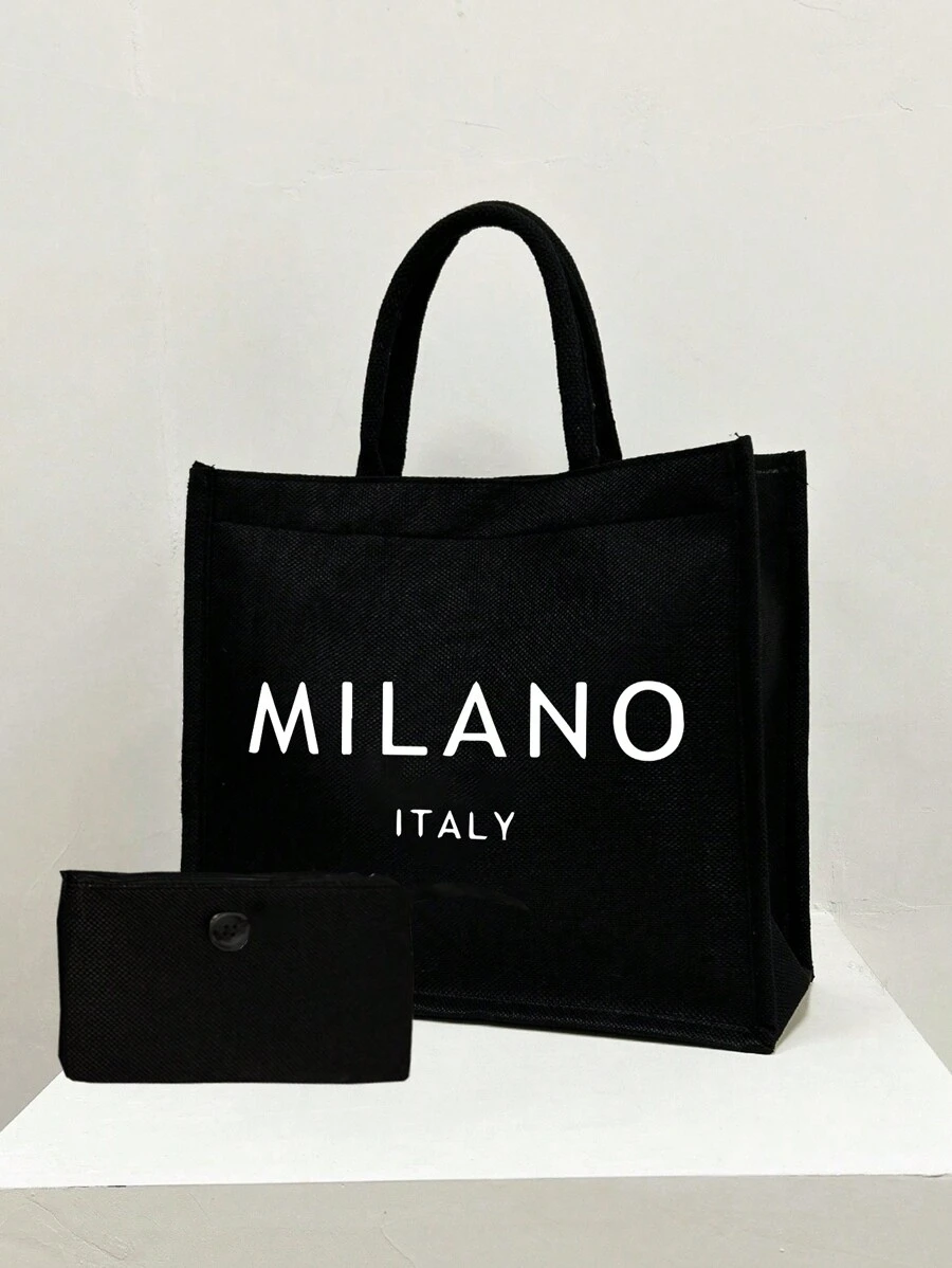 一套亚麻手提袋，包含一个印有“米兰，意大利”字样的手提袋和一个小收纳袋，可定制字母、花朵等图案，个性化礼品包装，适合婚礼、生日、海滩、节日等场合，是送给女性、母亲、教师、朋友、伴娘、学生、返校季的完美礼物。 - 黑色 - 查看 1
