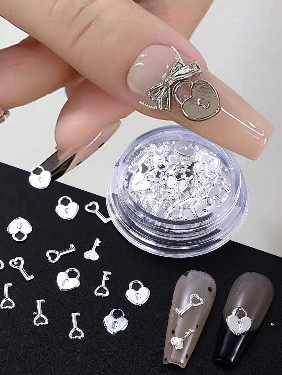 Sliver Heart Lock & Key Nail Art Decoration With 0.8Mm Steel Beads, Valentine'S Day Luxury Heart Lock Key Manicure Charm, Y2K Nail Gems Nail Art Ornaments For Nail Salon, Manicure Art Accessories Tools, Great Gift For Girl And Woman, Nail Supplies Nails Nail Charms