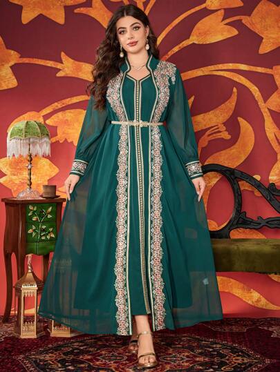 Plus Size Kvinnor Blommor Broderad Panel Kontrast Tejp Tvådelad Arabic Style Klänning