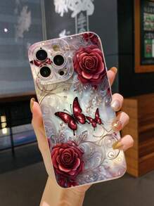 1pc Rose Butterfly Anti-Knock Phone Case Compatible With IPhone/Galaxy/Infinix/Redmi/OPPO/VIVO//Realme