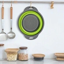 Juego de 1/2 piezas Colador plegable de silicona, escurridor con mango ahorra espacio, cesta de drenaje plegable para frutas, verduras, pasta - Herramienta de cocina verde para un almacenamiento fácil