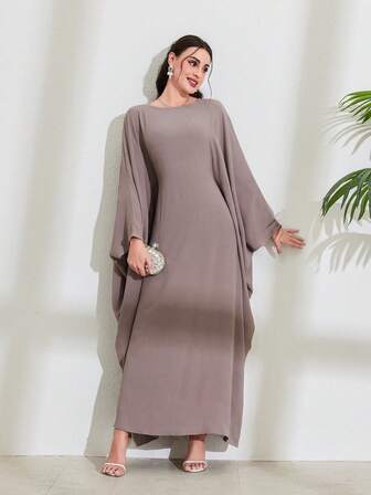 One Piece Women's Solid Batwing Sleeve Long Dress Elegant Long Sleeve Abaya Robe Kaftan Caftan Islamic Clothes,Modest