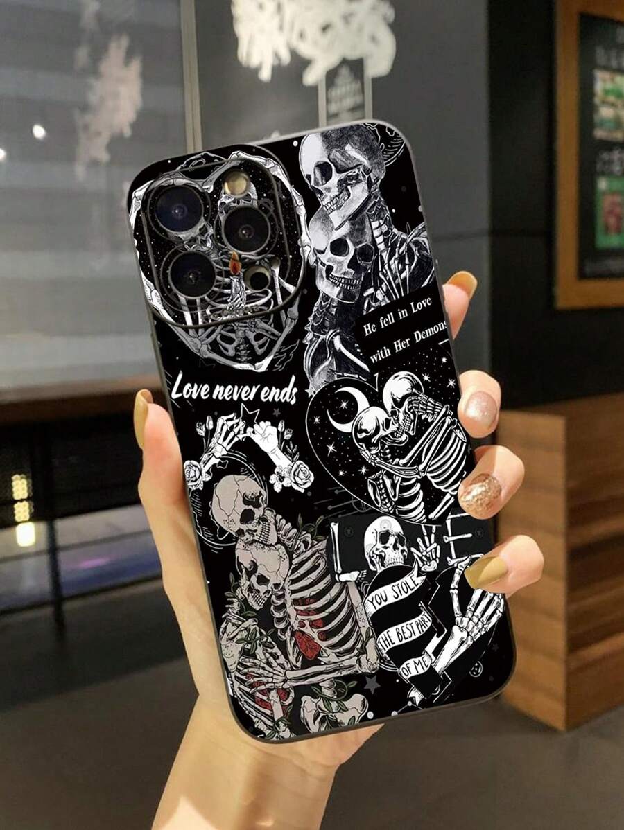 1pc Skull Couple Shockproof Phone Case Compatible With Apple//Compatible With Galaxy/Compatible With Infinix/Compatible With Redmi/Compatible With OPPO/Compatible With VIVO/Compatible With Realme Waterproof Anti-Fall Scratch Resistant - Black - View 1