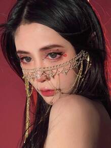 1 Pc Elegant Lady's Face Jewelry With Tassel Veil Headpiece, Graceful Gift Suitable For Party, Wedding, Ball, Facial Ornament Accessory - Gold - View 6