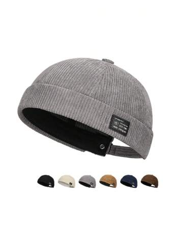 Unisex Corduroy Beanie Cap With Leather Patch, Japanese Style Solid Color Dome Hat, Retro Tang Hat For Men And Women, Casual Korean Style For Fall And Winter