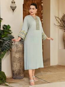 ASBB Heavy Embellished Gold Sequin Embroidered Arabic Women's JALABIYA V-Neck Green Elegant Dress, 2026 Autumn Holiday Party Vacation Casual Outfit, Saudi National Day Outfit - Green - View 8