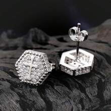 2pcs Hip-Hop Cross Luxury Cubic Zirconia Hexagon Stud Earrings, Fashionable Minimalist Personalized Earrings For Men & Women