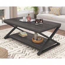 HSH Gray Storage Coffee Table, Modern Center Table For Living Room With Display Shelf, Simple Metal Wooden Rectangle Cocktail Tea Table, Minimalist Home Office Bedroom 2 Tier Coffee Table, 39 Inch - màu đen - Xem 10