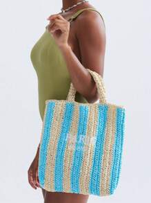 Borsa di paglia intrecciata a mano a righe, per la primavera e l'estate, con ricamo a lettere, borsa a tracolla da spiaggia per vacanze, dai colori contrastanti, piccola borsa intrecciata in carta (pendente non incluso)