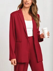 Women's Spring Two-Piece Work Suit Casual Loose Long Suit Jacket And Formal Wide Leg Pant Suit With Pockets - 紅色 - 查看 2