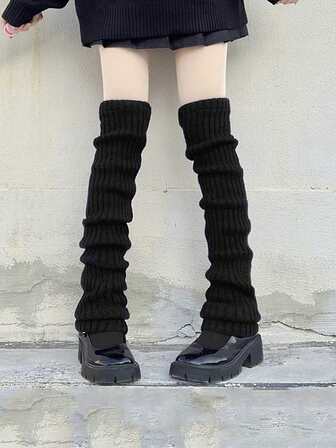1 par de calentadores de piernas de punto a rayas, sexy y lindos, para mujer, aptos para primavera/verano/otoño/invierno, calentadores de piernas estilo JK, mangas para piernas negras estilo Y2K "hottie", calentadores de piernas largos y tubulares de estilo lolita