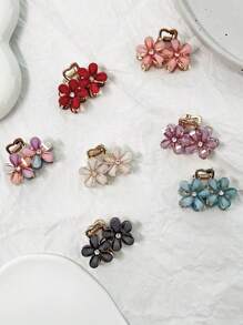 7pcs Valentine's Day Rhinestone Flower Design Claw Hair Clips, Colorful Crystal Small Flowers Ponytail Holder Hair Clips