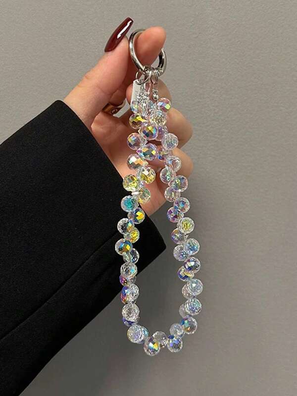 سلسلة إكسسوارات الهاتف المزينة بالترتر والخرز - خرز شفاف لامع، سلسلة هاتف، سلسلة مفاتيح، متوافقة مع أجهزة آبل/أغطية الهواتف، مصنوعة من مواد بلاستيكية متينة