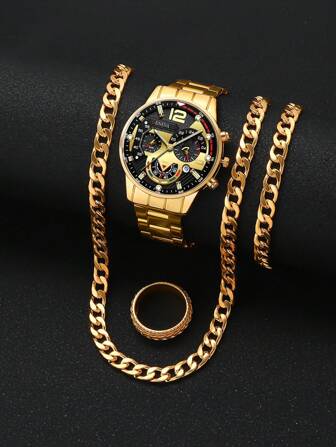 4-delat set: Lyxigt herrarmbandsur i kvarts med rund urtavlaskalender, matchat med halsband, armband och ring för herrklockor