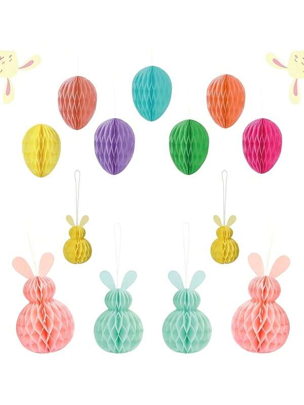 Conjunto de 10 decorações de Páscoa, pingentes de papel da moda e decorações penduradas, tema animal, incluindo desenhos de coelho e favo de mel, adequado para árvores de ovos de Páscoa, uso interno/externo, sem necessidade de energia