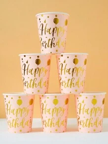 10/25 piezas Vasos de papel desechables, diseño de globos de cumpleaños rosa y dorado con lámina, adecuados para bebidas heladas, café, cumpleaños, fiestas, reuniones familiares, picnics, decoraciones - Multicolor - Ver 1