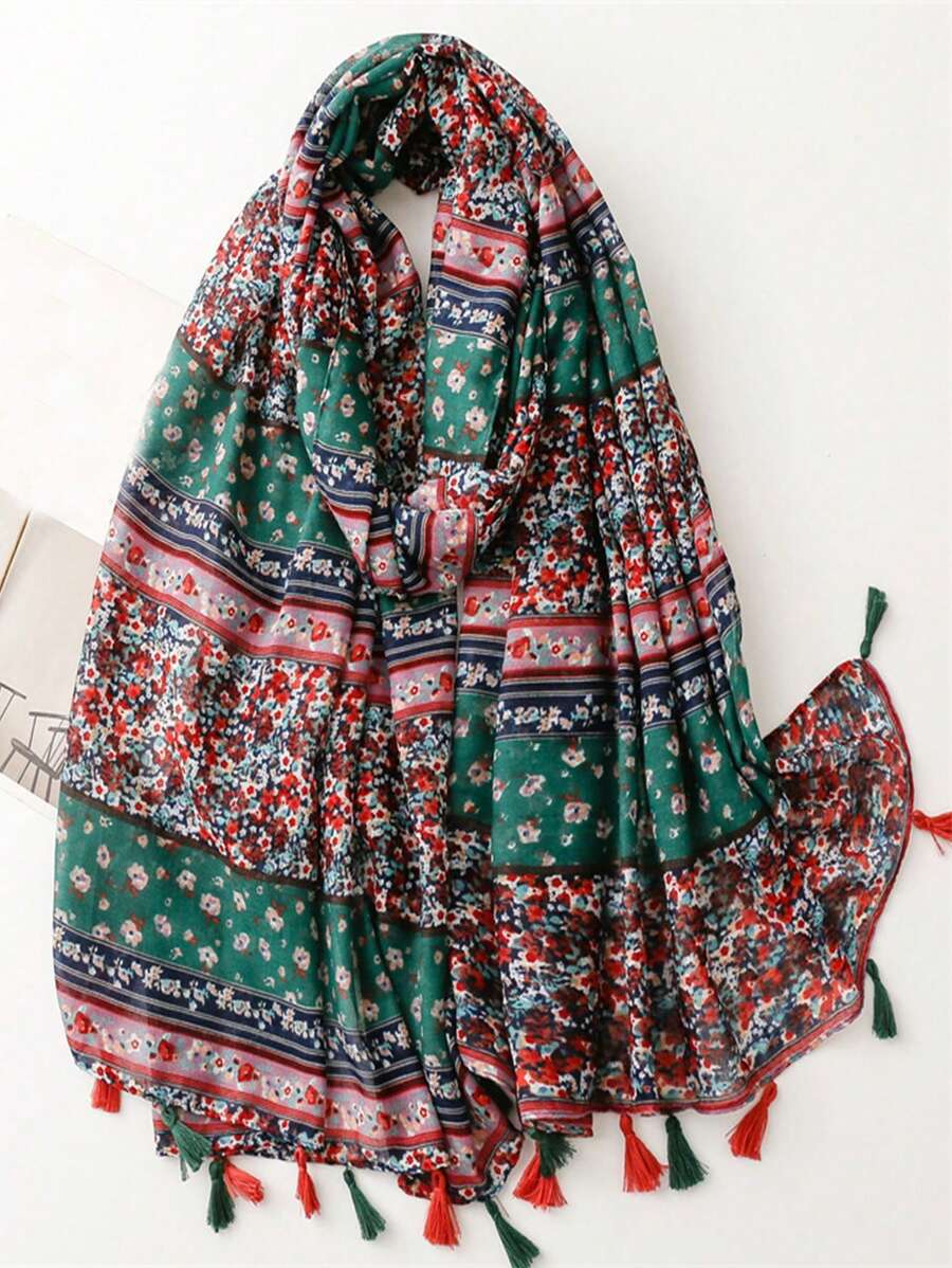 Tasseled Shawl Bohemian Elegant Style Scarf, Fashionable Colorful Striped Print Women's Silk Scarf, Lightweight Large Scarf For Spring/Summer, Versatile For Outdoor, Beach, Headwrap