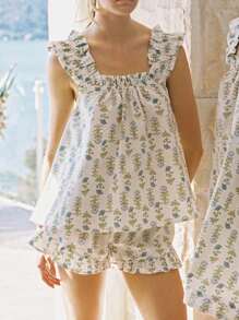 Women Floral Print Summer Set Square Neck Flutter Sleeve Loose Tank Tops Ruffled Shorts 2-Piece Outfits - 藍色 - 查看 7
