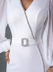 Fuaheng V-hals lantaarnmouw strass decor taille versmallende witte nauwsluitende jurk, feestjurk, bruiloftsgastjurk, formele jurk, avondjurk