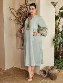 ASBB Heavy Embellished Gold Sequin Embroidered Arabic Women's JALABIYA V-Neck Green Elegant Dress, 2026 Autumn Holiday Party Vacation Casual Outfit, Saudi National Day Outfit - Green - View 9