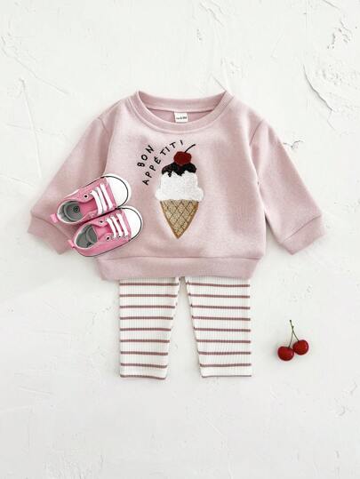 2pcs/Set Baby Girl Clothes Ice Cream Embroidered Casual Sweatshirt & Drawstring Long Pants, Spring/Summer