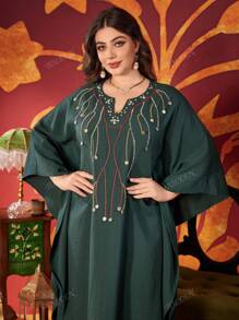 Plus Size Vrouwen V-hals Elegante Kralen Arabische Stijl Jurk