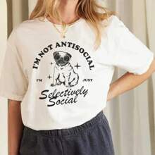 2024 Fashion Antisocial Selectively Social Introvert Pug Aesthetic Fashion Graphic Tees Women Grunge Clothes Female