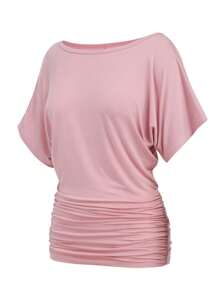 HIGHFINE Women's Classic Short-Sleeved Boat-Necked Side-Pleated Dolman Shawl Top