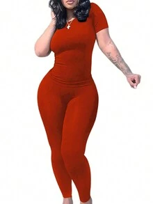 修身短袖上衣和高腰紧身裤休闲套装 - 紅色 - 查看 3