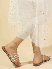 Women's Handmade Green, White, Red Color-Block Slip-On Sandals, Anti-Slip, Fashion, Comfortable, Classic Design