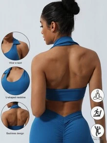 Sodalemon Spring And Summer Women Solid Color Halter Backless Lapel Backless Sport Bra - Blue - View 1