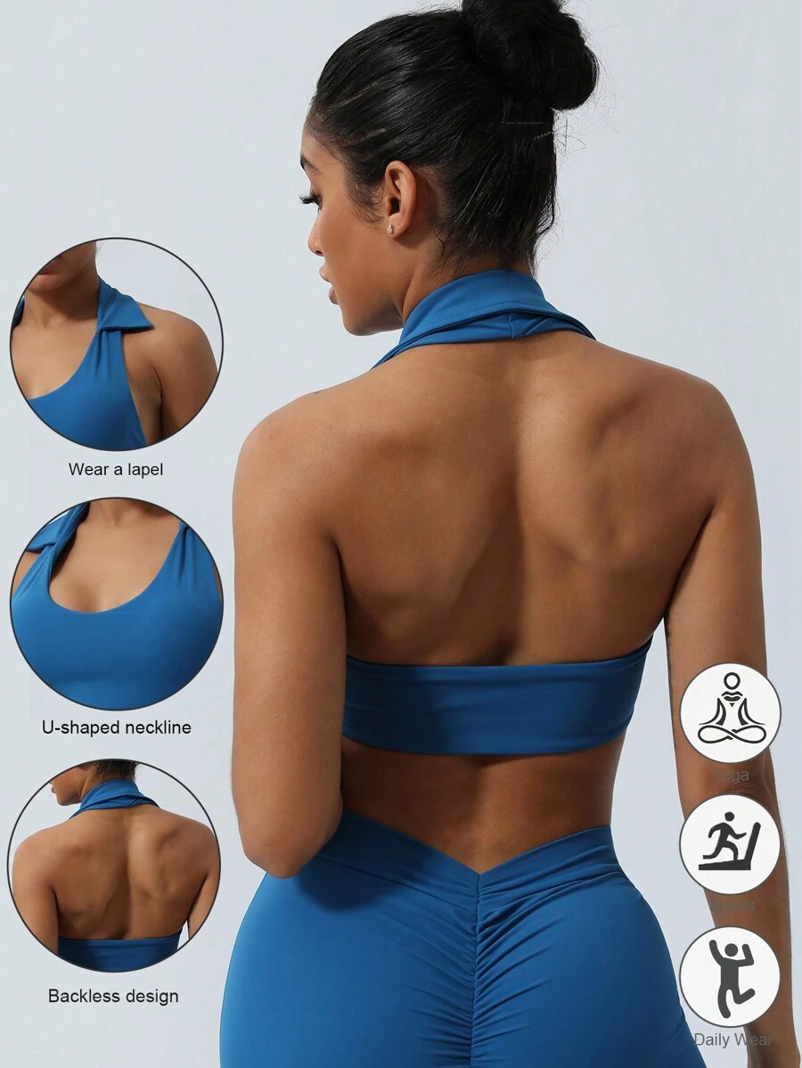 Sodalemon Spring And Summer Women Solid Color Halter Backless Lapel Backless Sport Bra - Blue - View 1