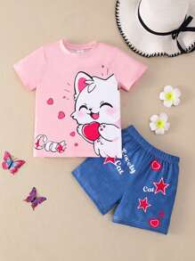 2 件女童休闲“猫”字母和心形猫咪图案 T 恤搭配牛仔效果星星字母心形印花套装，春夏 - 粉色 - 查看 1